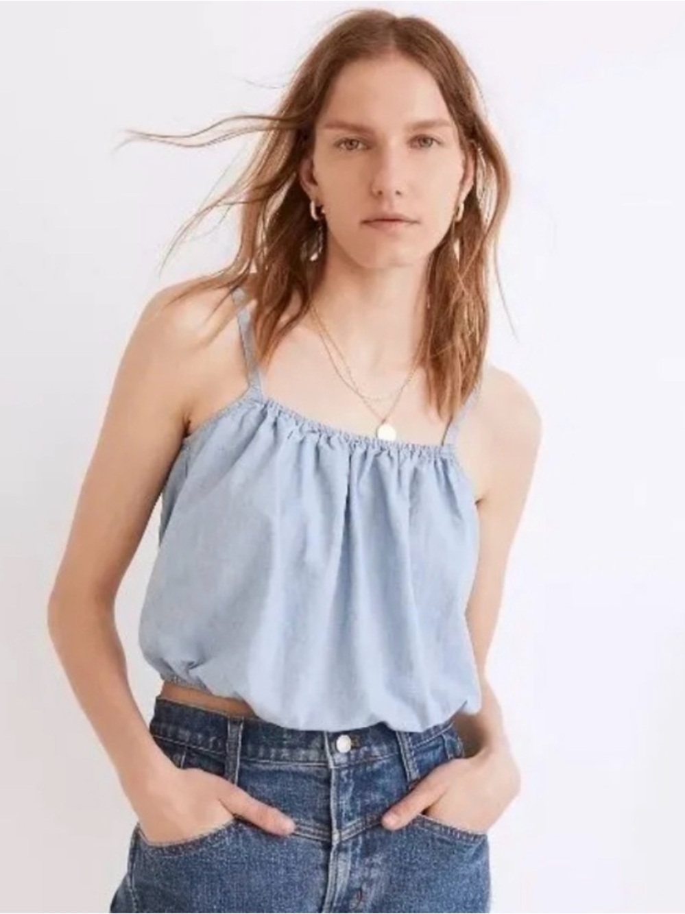 Light Blue Chambray Spaghetti Strap Crop Bubble Top